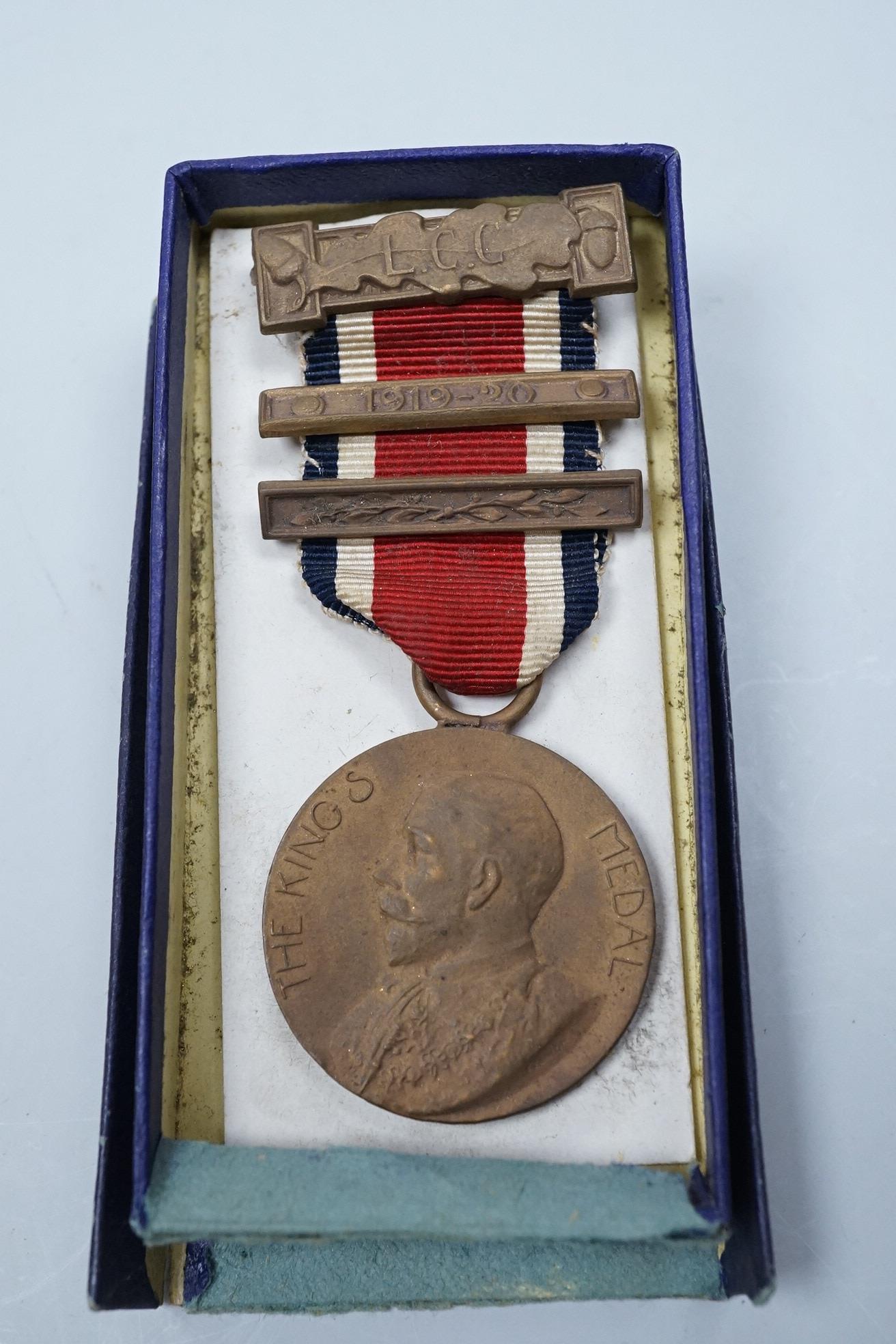 A First World War medal group awarded to 16507 GNR. W.H. Meadows. R.G.A., comprising the medal trio together with the London Fire Brigade 1911 Coronation Medal, plus a London County Council King’s Medal with a clasp for